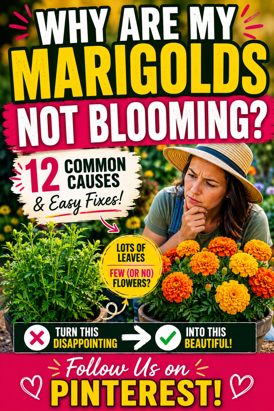 healthy blooming marigolds beside leafy marigold plants with few flowers illustrating the most common reasons marigolds are not blooming and how to fix them