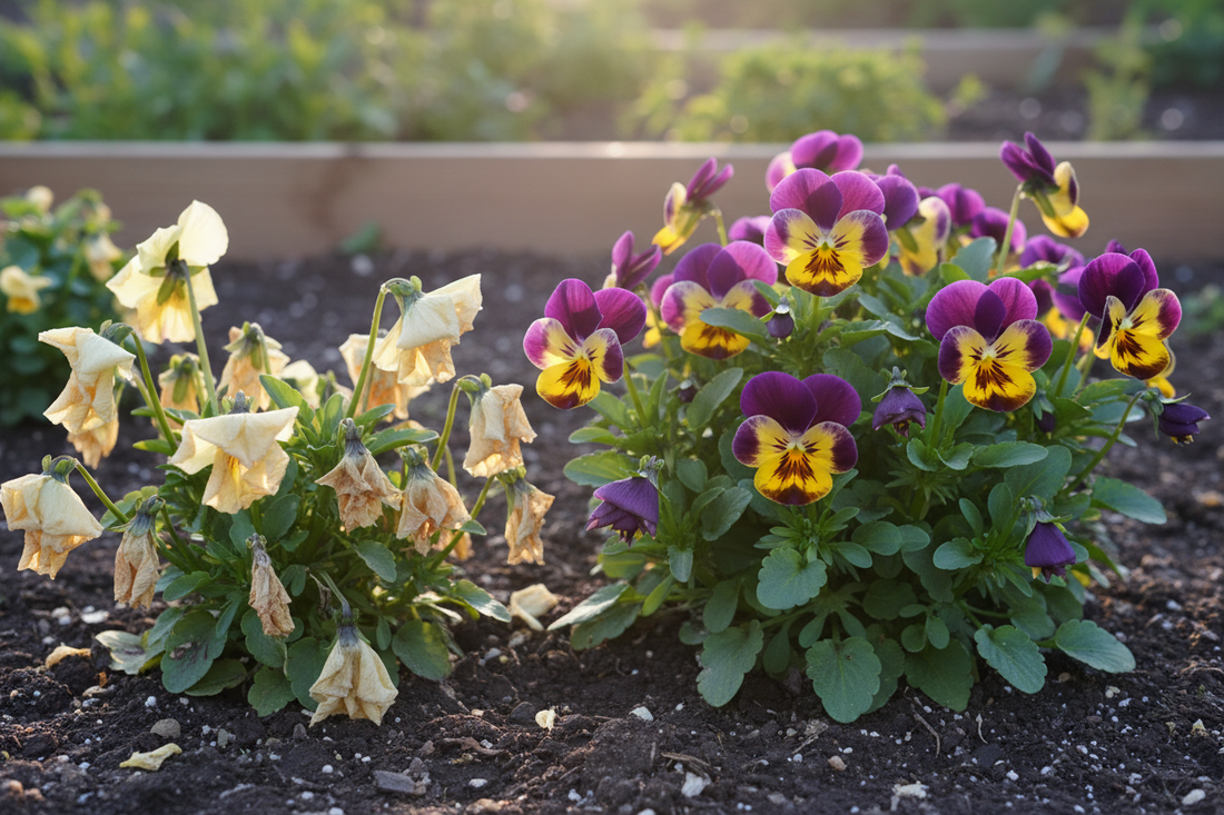 Wilting and yellowing pansies showing common signs of overwatering and heat stress next to healthy blooming pansies