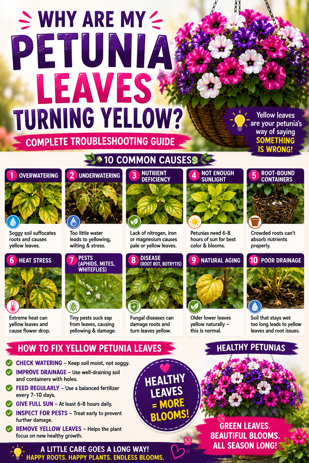 Yellow petunia leaves caused by overwatering, nutrient deficiencies, pests, poor drainage, and other common petunia growing problems