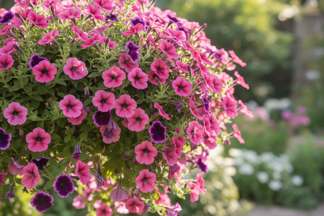 Trailing petunias in full bloom cascading from a hanging basket — naturally sticky foliage is a sign of healthy petunia plants