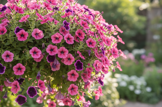 Trailing petunias in full bloom cascading from a hanging basket — naturally sticky foliage is a sign of healthy petunia plants