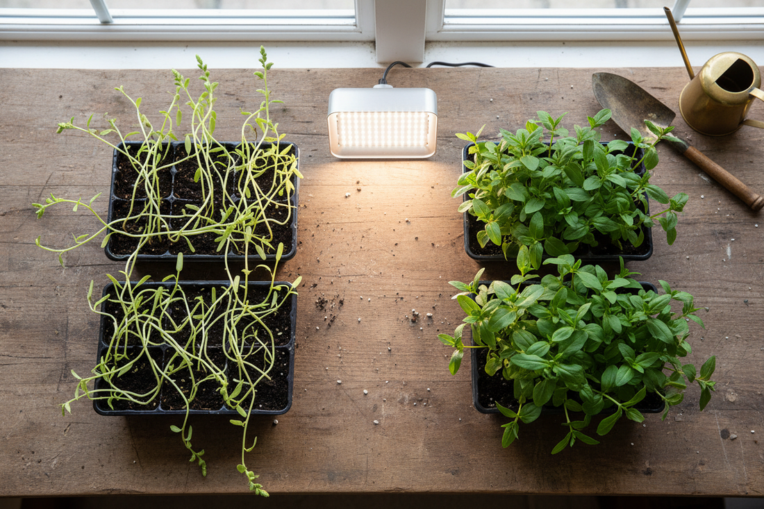 Leggy seedlings vs healthy compact seedlings in seed starting trays under a grow light on a potting bench