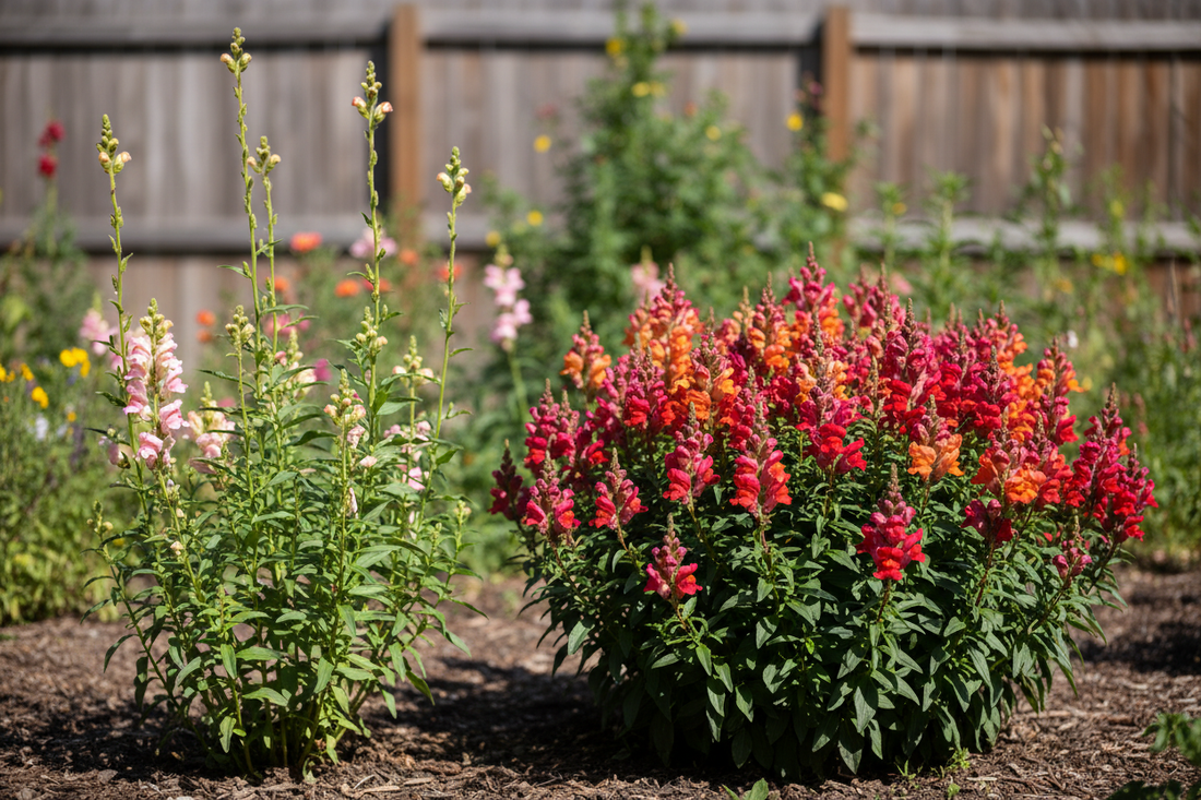 Leggy spindly snapdragon plants next to compact bushy snapdragons showing the contrast between poor and healthy growth