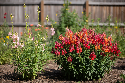 Leggy spindly snapdragon plants next to compact bushy snapdragons showing the contrast between poor and healthy growth