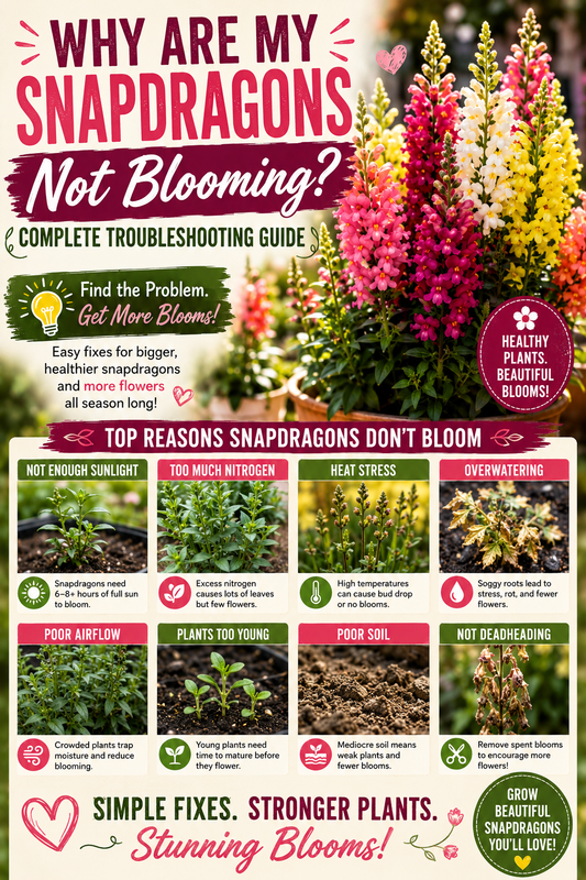Colorful snapdragons blooming in a garden with troubleshooting tips for plants that are not flowering due to sunlight, fertilizer, watering, or heat stress issues