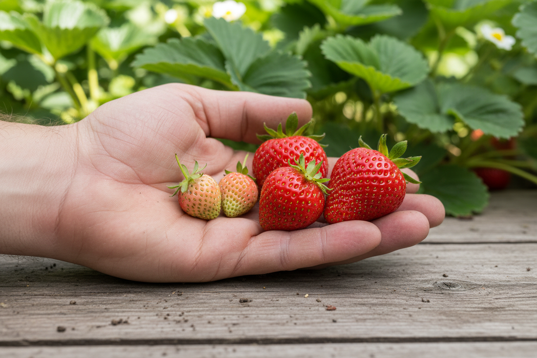 Small strawberries compared to large ripe strawberries held in a gardener's hand
