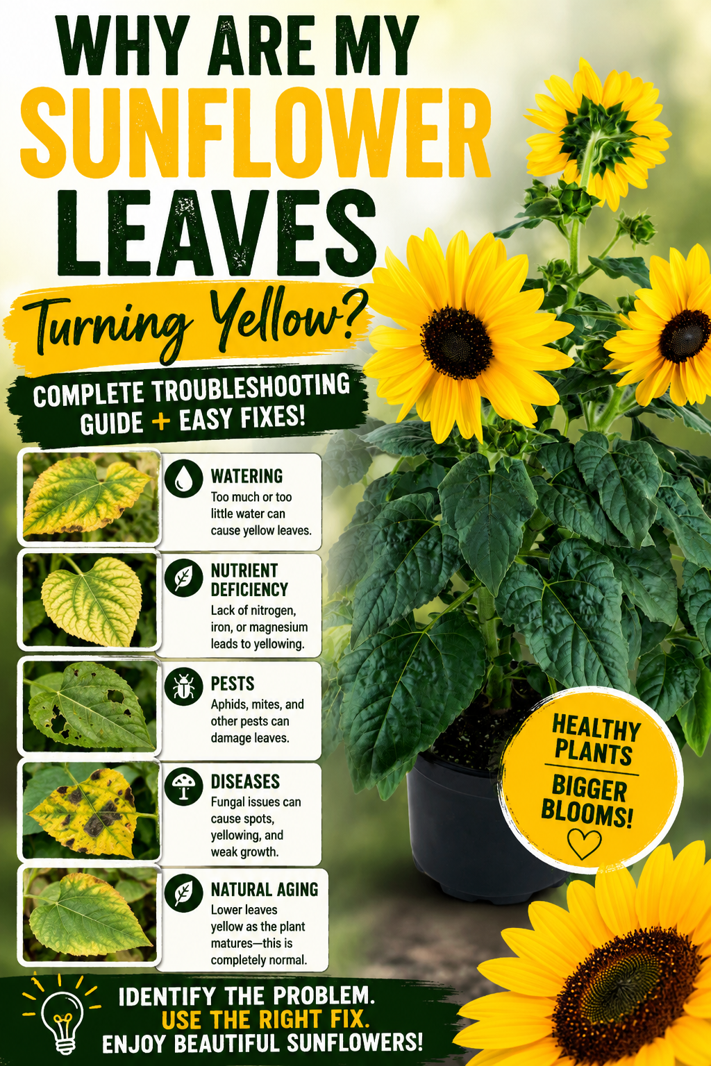 Healthy Sunfinity sunflower growing in a container with dark green leaves and bright yellow blooms, demonstrating proper sunflower care and solutions for preventing yellow leaves