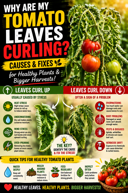 Tomato plant with upward and downward curling leaves showing common causes such as heat stress, overwatering, pests, and disease, with tips to identify and fix leaf curl for healthier tomato plants and bigger harvests.