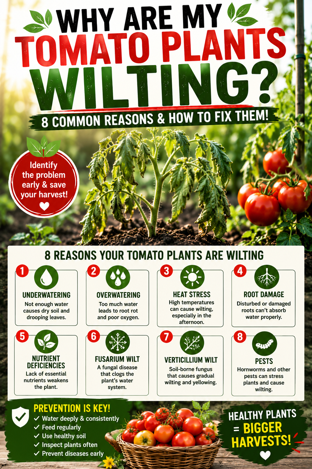 Wilted tomato plant showing signs of stress alongside healthy tomato plants, illustrating the most common causes of tomato plant wilting and how to fix them.