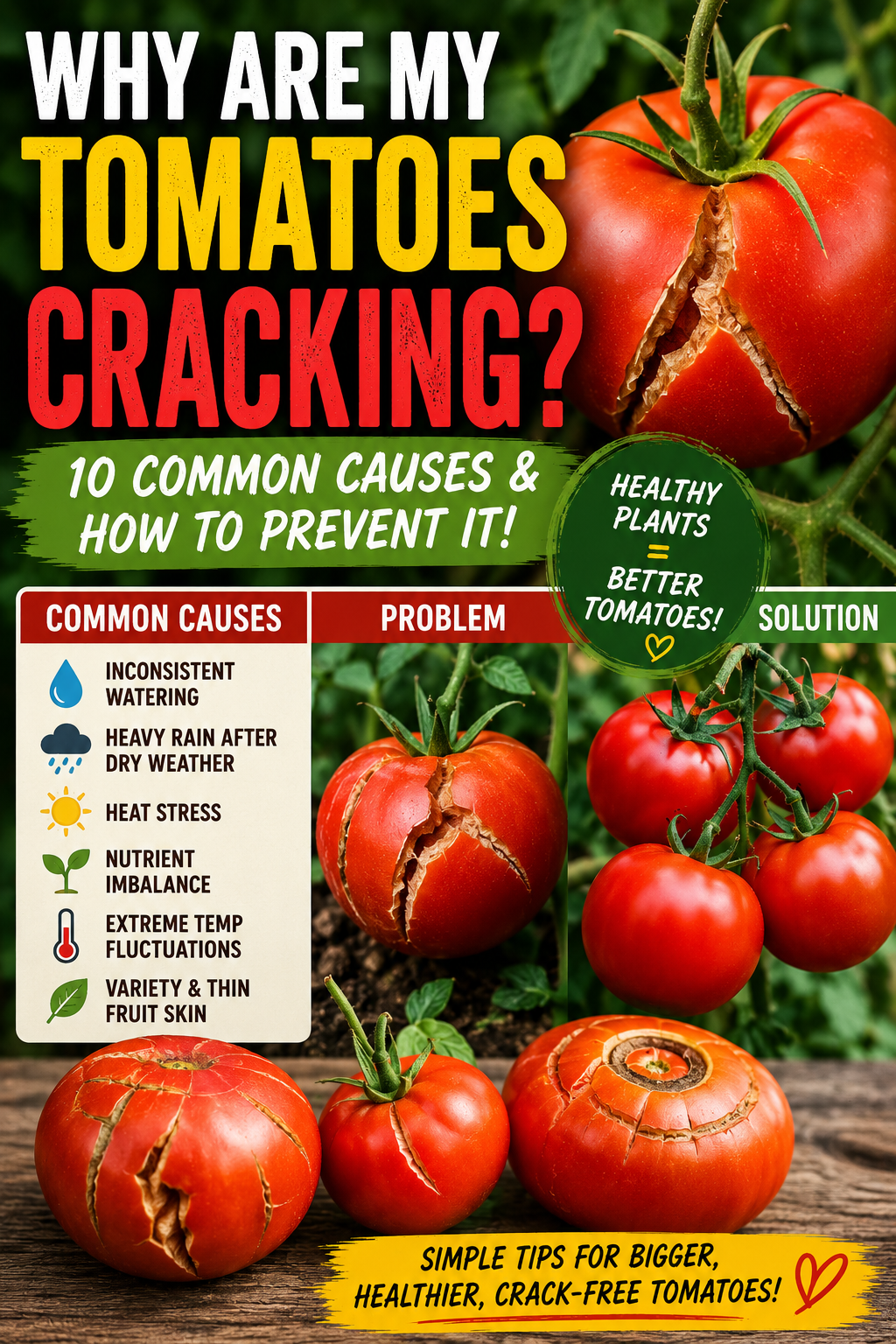 Cracked ripe tomatoes on the vine showing common fruit splitting caused by uneven watering and changing weather conditions.