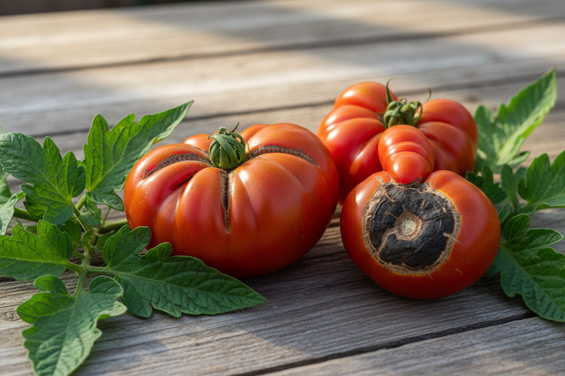 Deformed tomatoes showing catfacing, blossom end rot, and irregular shapes on a rustic wooden surface