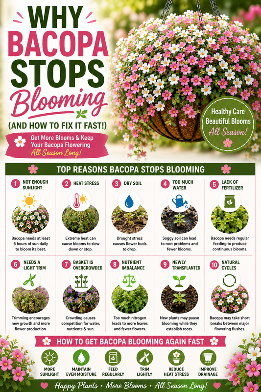 Pink and white bacopa hanging basket showing common reasons bacopa stops blooming, including sunlight, watering, fertilizer, and heat stress issues