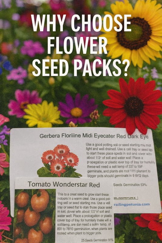 Seed packets for Gerbera and Tomato displayed with colorful flowers including zinnias, petunias, marigolds, and sunflowers, with bold text reading Why Choose Flower Seed Packs