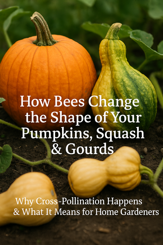 Mixed pumpkins and squash showing cross-pollination effects, illustrating how bee pollination changes fruit shape and appearance in home gardens