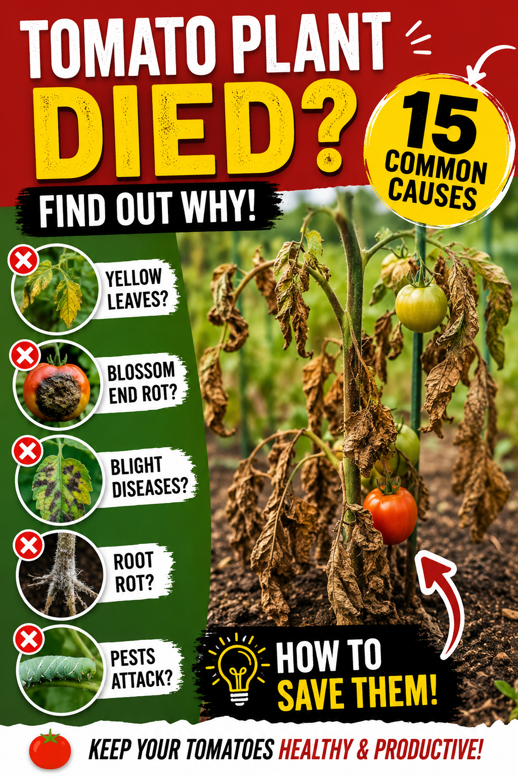 Dying tomato plant with wilted leaves and damaged fruit highlighting the 15 most common causes of tomato plant death, including disease, pests, root rot, and watering problems.