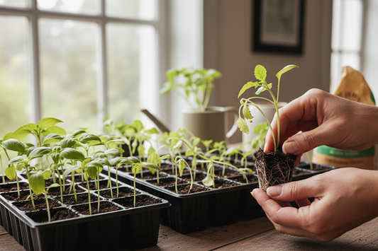 Seedlings in seed-starting trays showing transplant stress beside healthy seedlings ready for outdoor transplanting