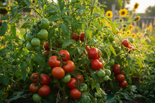 Tomatoes in various stages of ripening on the vine — green, orange, and red tomatoes in a summer garden, illustrating why tomatoes won't ripen