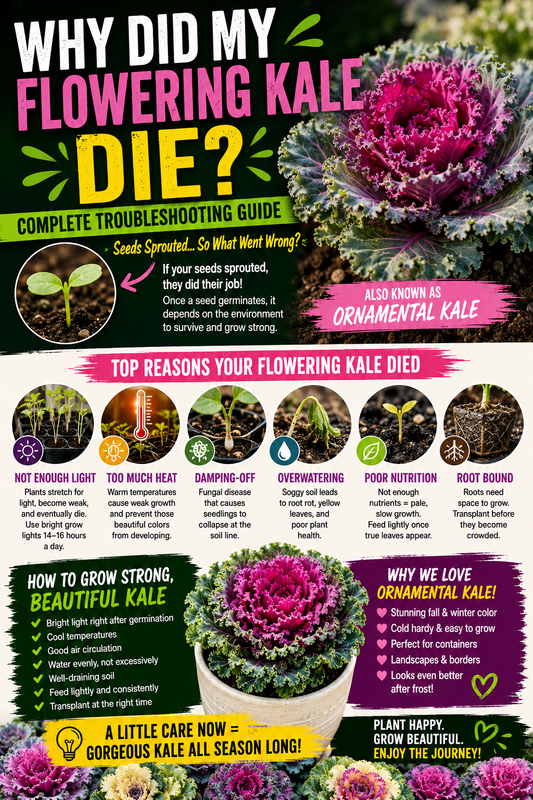 Colorful ornamental kale (flowering kale) with troubleshooting guide explaining why flowering kale seedlings stretch, weaken, and die after sprouting, including common causes and growing tips for healthy plants.
