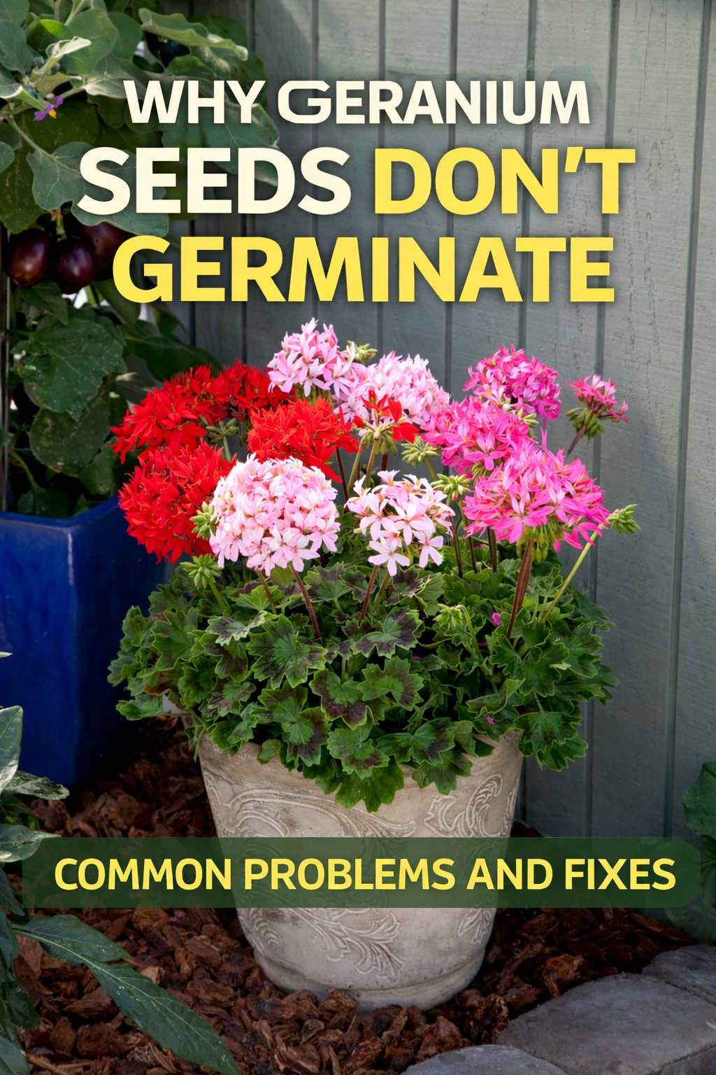 Why geranium seeds don’t germinate showing healthy blooming geraniums in a container with tips for fixing germination problems and improving seed starting success