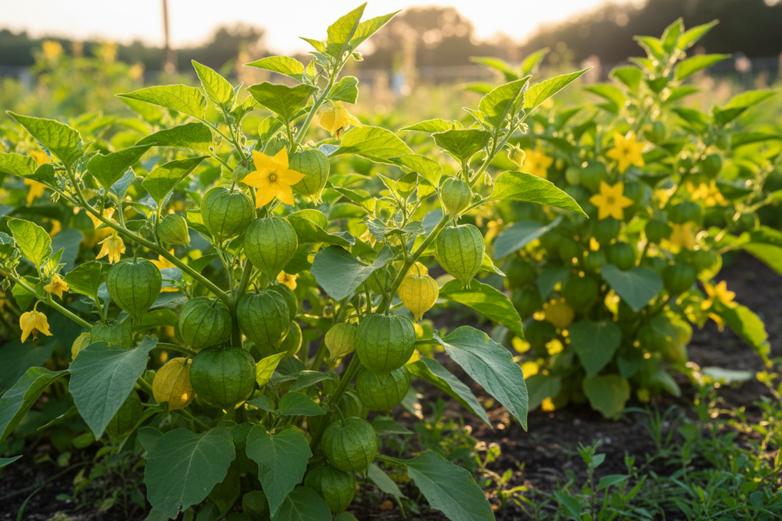 Tomatillo plant covered in yellow flowers and papery green husks showing cross-pollination fruit development in a home garden