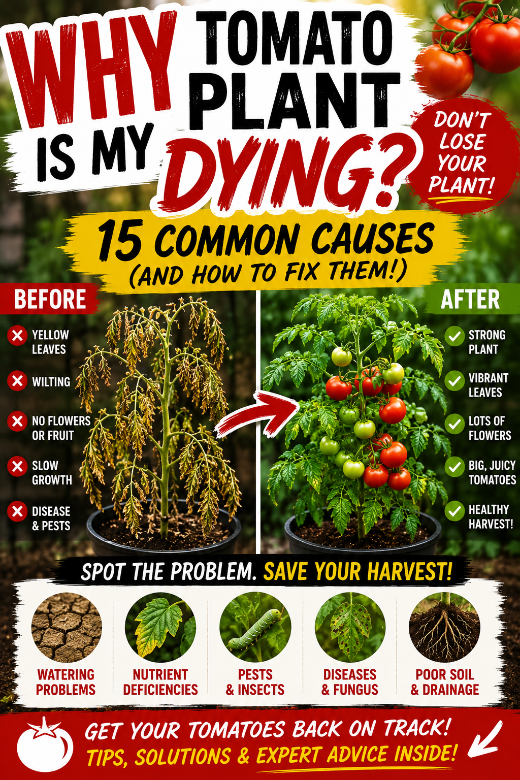 Dying tomato plant with yellow leaves beside a healthy tomato plant showing how to identify and fix common tomato problems.