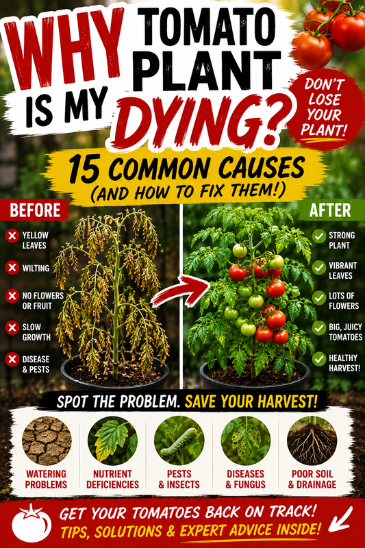 Dying tomato plant with yellow leaves beside a healthy tomato plant showing how to identify and fix common tomato problems.