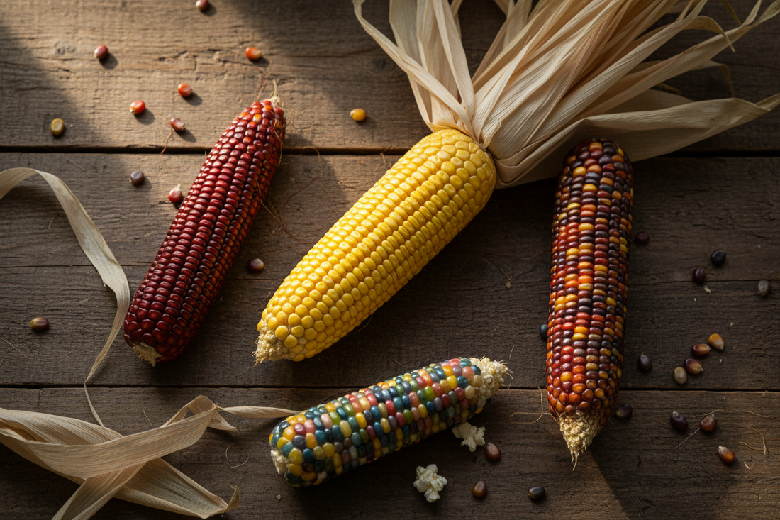 Multiple corn varieties including sweet corn, Indian corn, Bloody Butcher, and Glass Gem popcorn showing the diversity of block-planted home garden corn