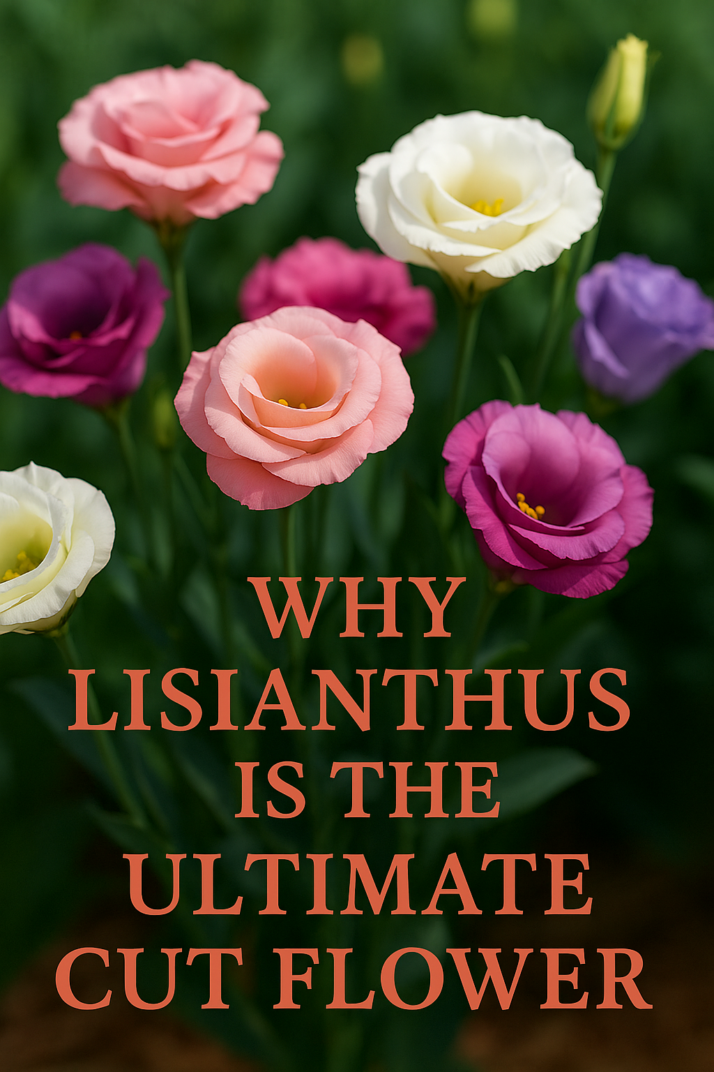 Lisianthus flowers in multiple colors arranged in tall bouquets, highlighting their long stems and premium quality as cut flowers