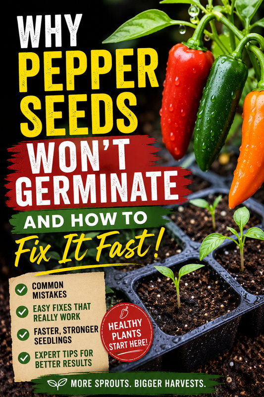 Healthy pepper seedlings emerging in seed trays with colorful peppers, showing common causes of poor pepper seed germination and easy solutions for faster, healthier sprouting.