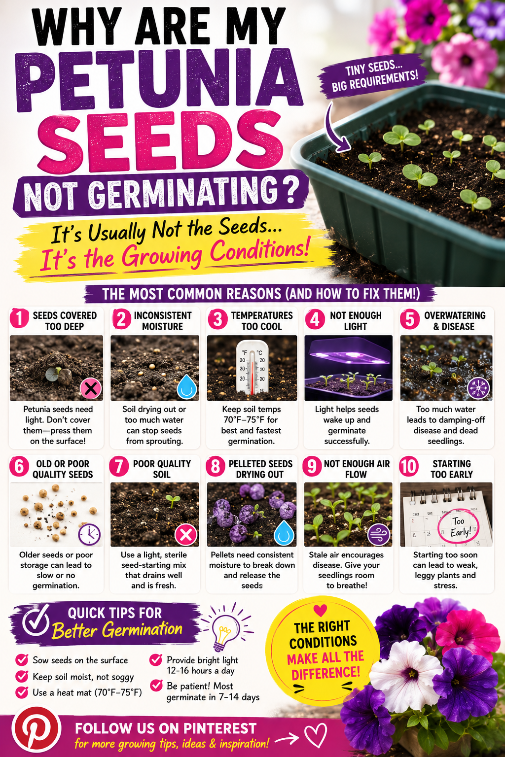 Petunia seeds failing to germinate in a seed tray with common seed-starting mistakes and tips for better germination success