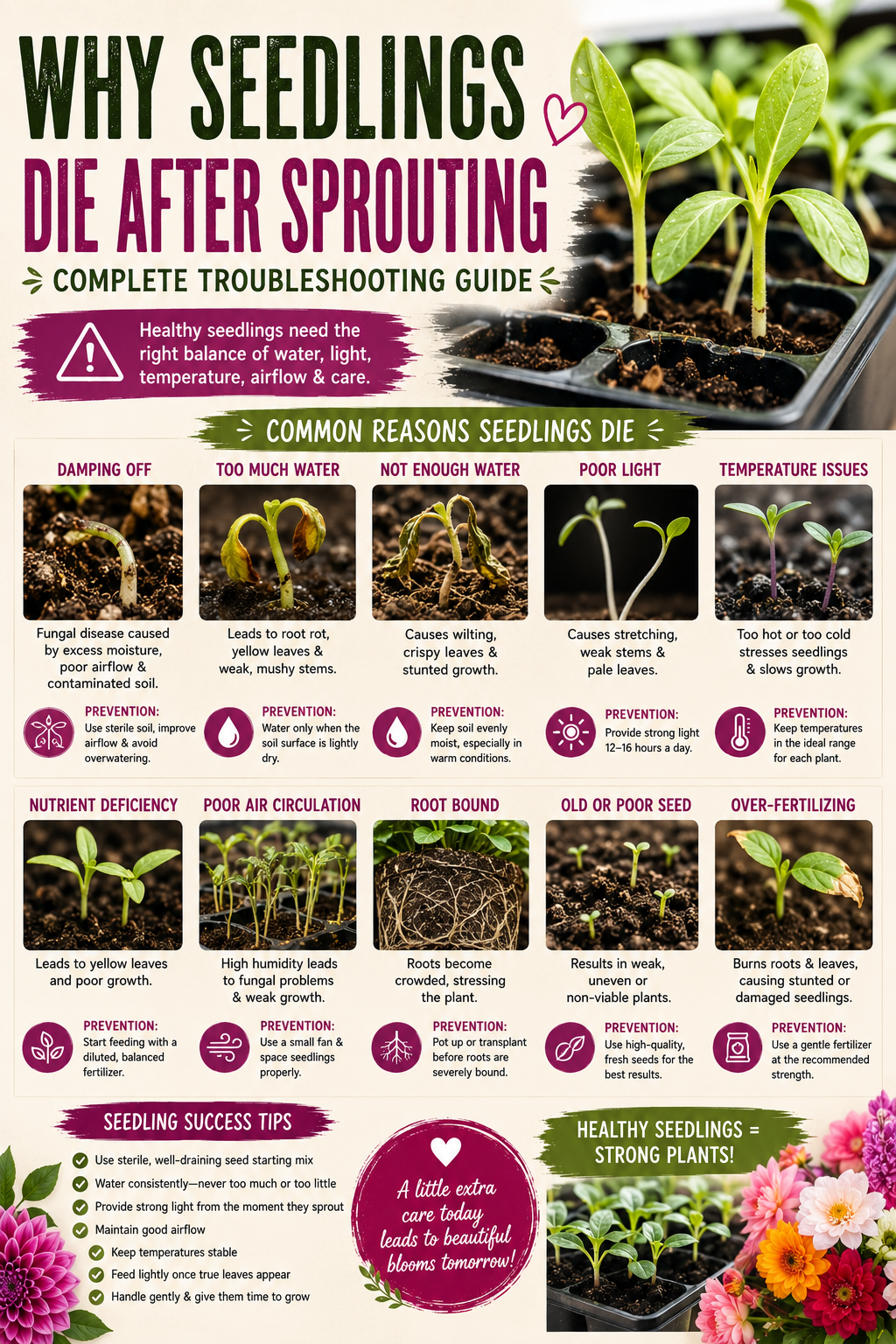 Young seedlings showing common problems like damping off, yellow leaves, and poor growth