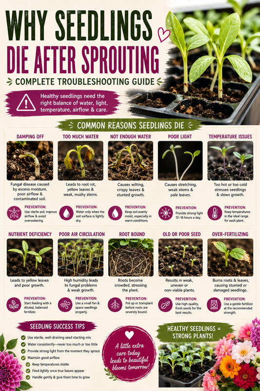 Young seedlings showing common problems like damping off, yellow leaves, and poor growth