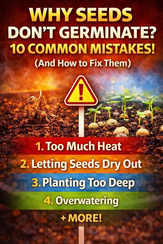 Why seeds don’t germinate infographic showing common seed starting mistakes like too much heat, drying out, planting too deep, and overwatering affecting seed germination
