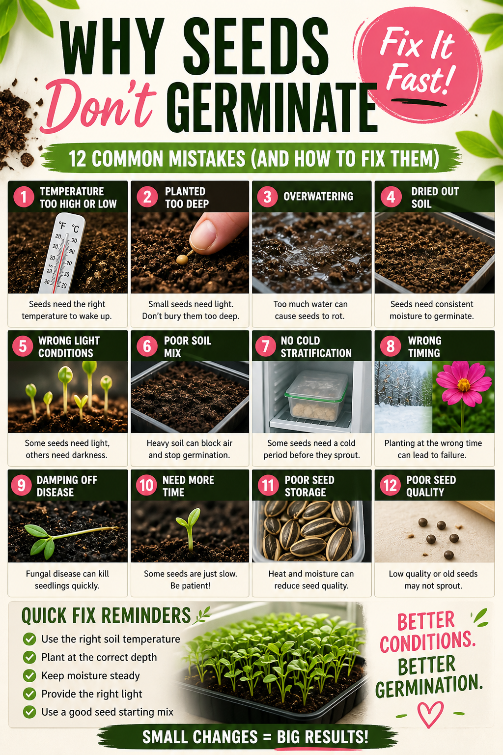 Why seeds don’t germinate infographic showing common seed starting mistakes and how to fix germination problems fast