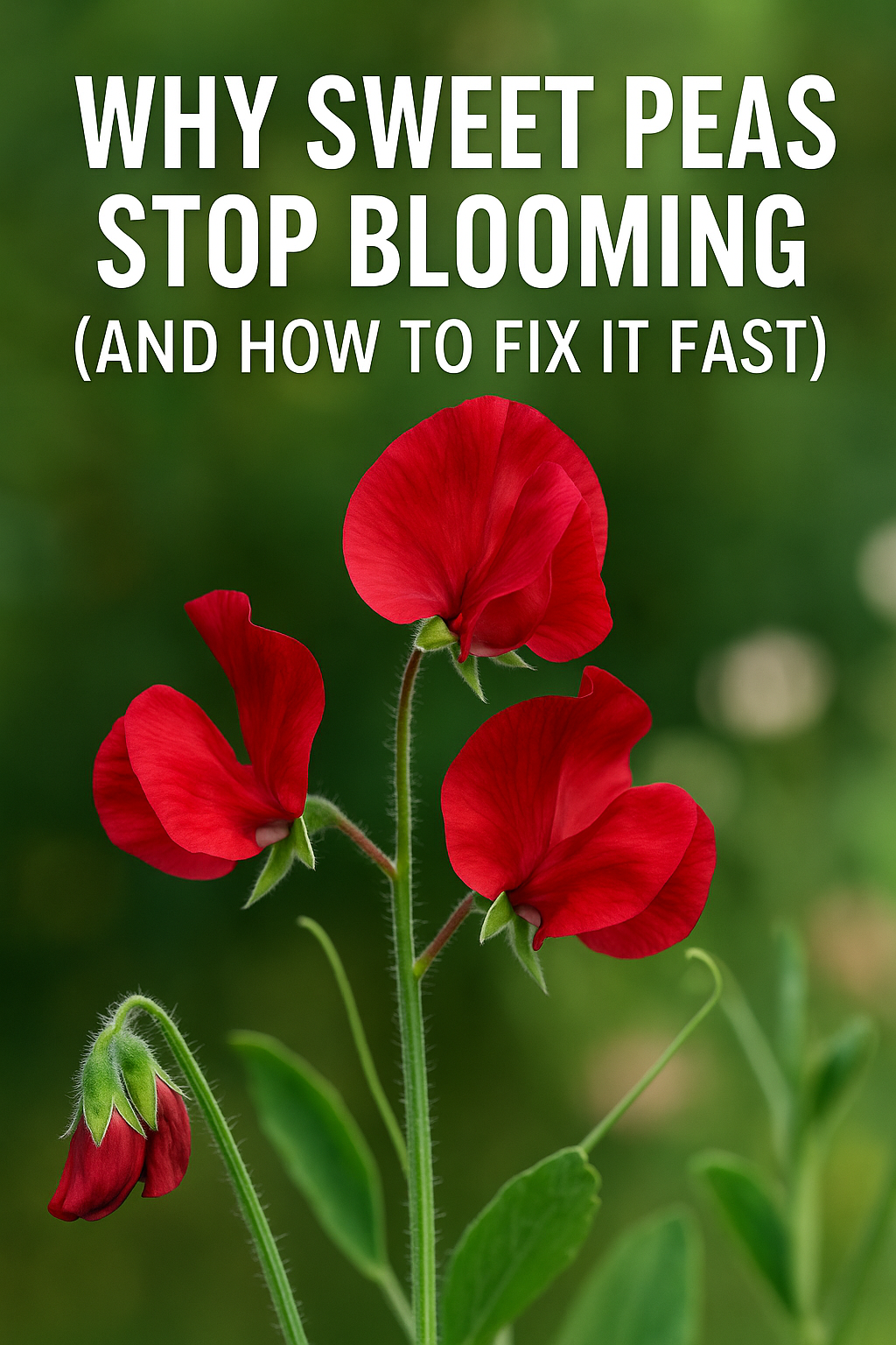 Red sweet pea flowers with text overlay showing why sweet peas stop blooming and how to fix it for continuous flowers