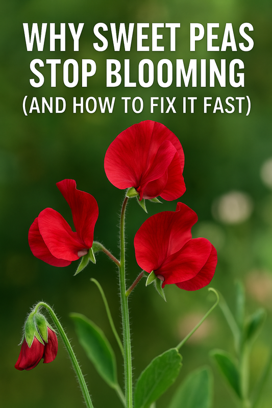 Red sweet pea flowers with text overlay showing why sweet peas stop blooming and how to fix it for continuous flowers