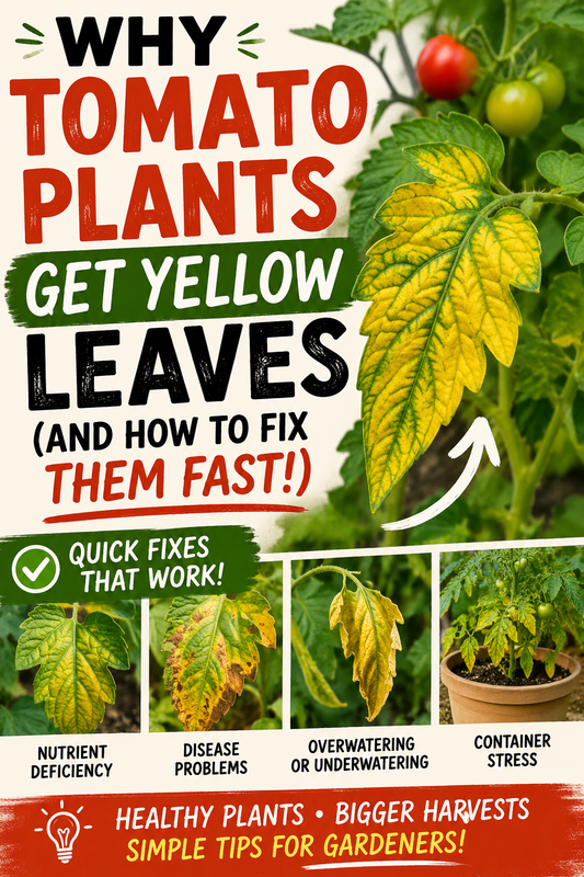 Yellow tomato plant leaves caused by watering problems, nutrient deficiencies, disease, and container stress with tomato growing tips for healthier plants