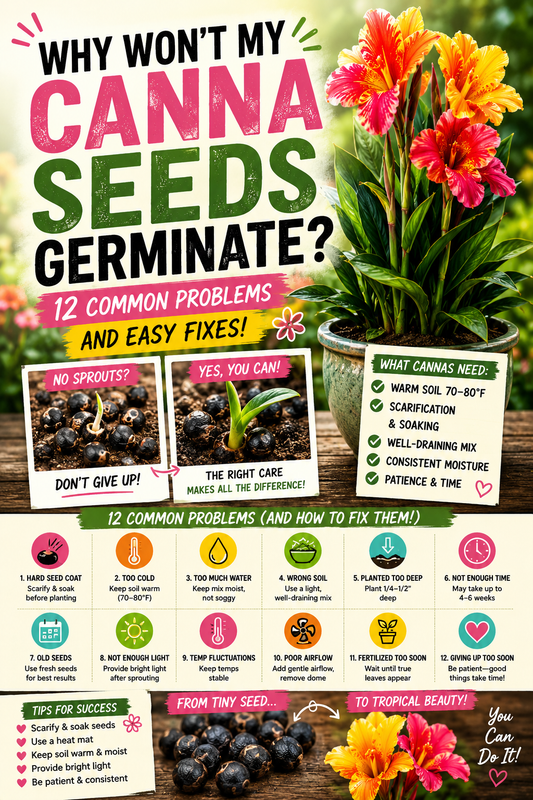  infographic explaining why canna seeds won't germinate, featuring colorful canna flowers, germinating seeds, and 12 common germination problems with easy fixes for growing healthy tropical canna lilies.