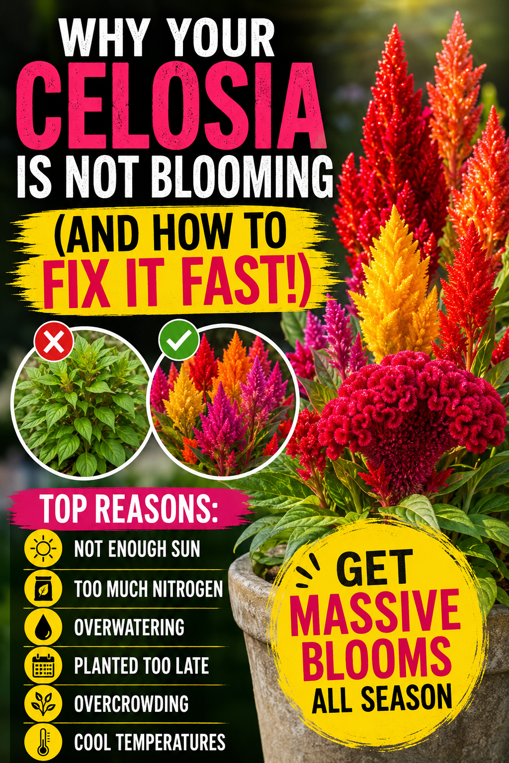 Bright colorful celosia flowers showing how to fix celosia plants that are not blooming with tips for more flowers, better growth, and larger blooms in the garden.