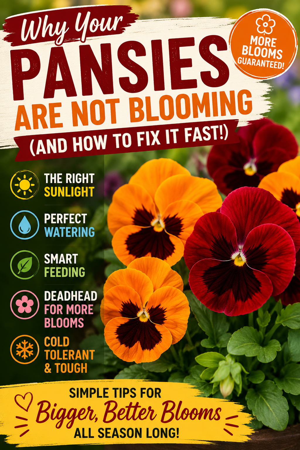 Bright orange and red pansy flowers illustrating common reasons pansies stop blooming, with expert tips for growing healthy pansy seeds and encouraging bigger, longer-lasting blooms.