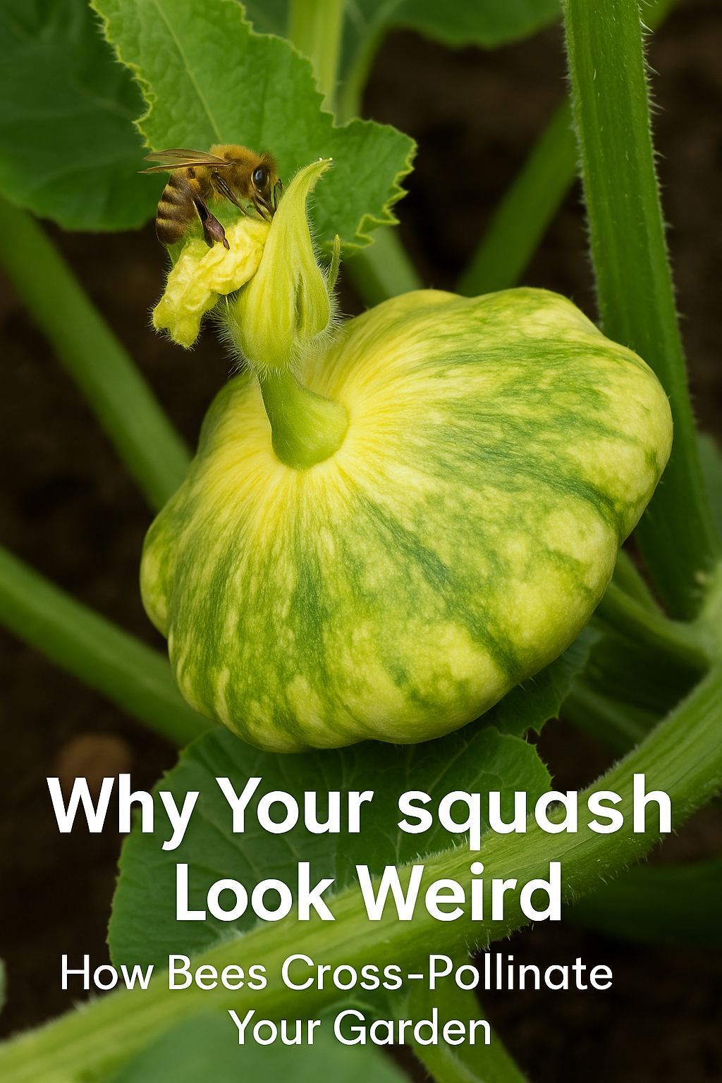 “Bee pollinating a young pattypan squash, demonstrating how cross-pollination affects fruit shape and plant genetics in home gardens.