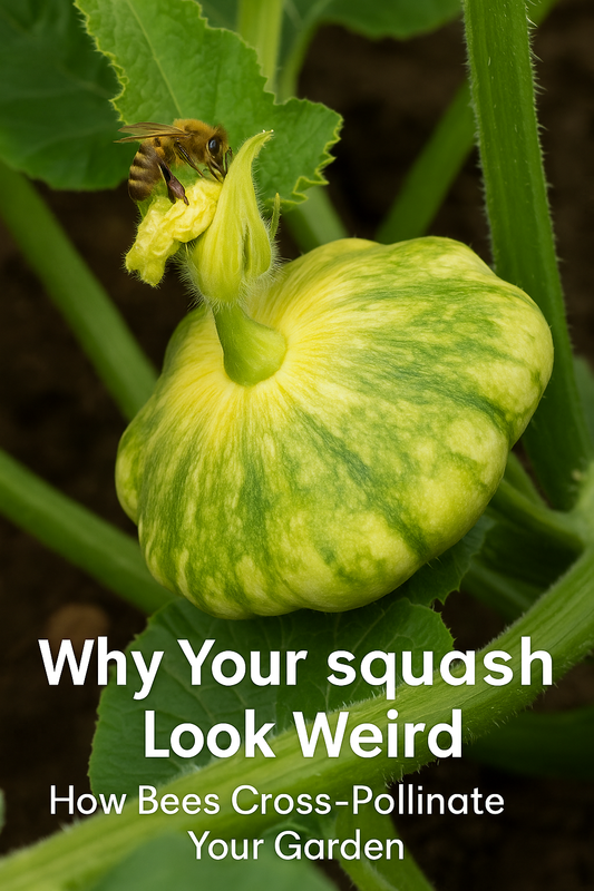 “Bee pollinating a young pattypan squash, demonstrating how cross-pollination affects fruit shape and plant genetics in home gardens.