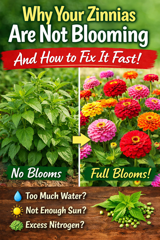 Zinnias not blooming comparison showing leafy plants vs full colorful blooms with fix tips