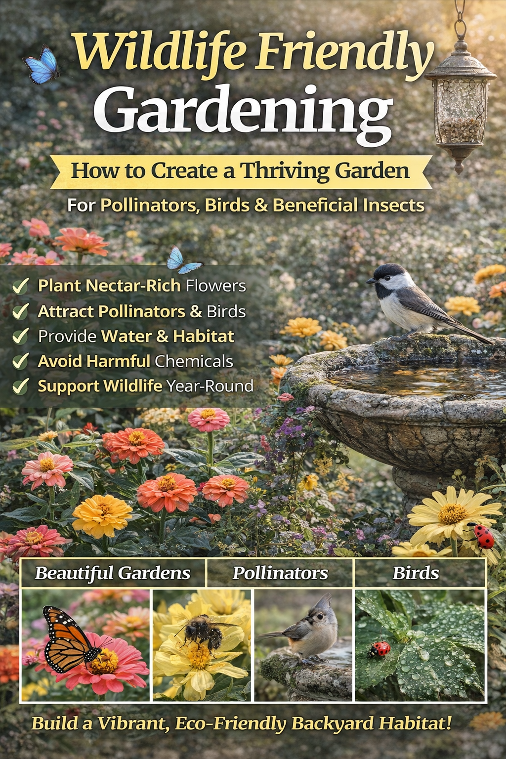 Wildlife friendly garden with colorful flowers attracting bees butterflies and birds showing how to create a pollinator friendly garden