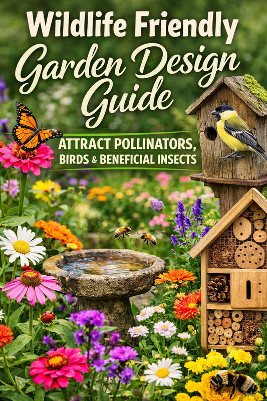Wildlife friendly garden with flowers attracting bees, butterflies, birds, and beneficial insects in a colorful backyard design