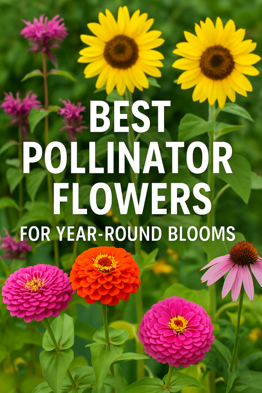 Year-round pollinator flowers grown from seed including zinnias, sunflowers, lavender, snapdragons, and echinacea with bees and butterflies feeding on blooms
