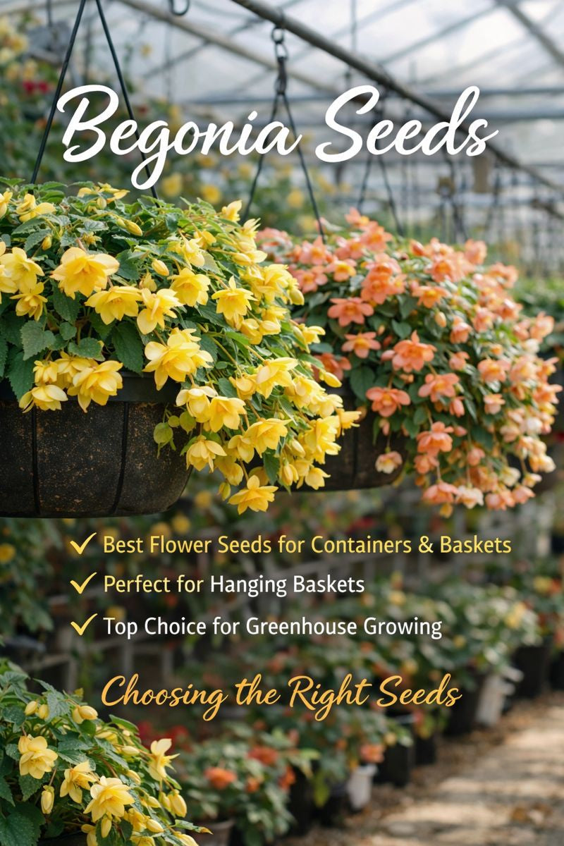 Yellow and peach trailing begonia flowers growing in hanging baskets inside a greenhouse
