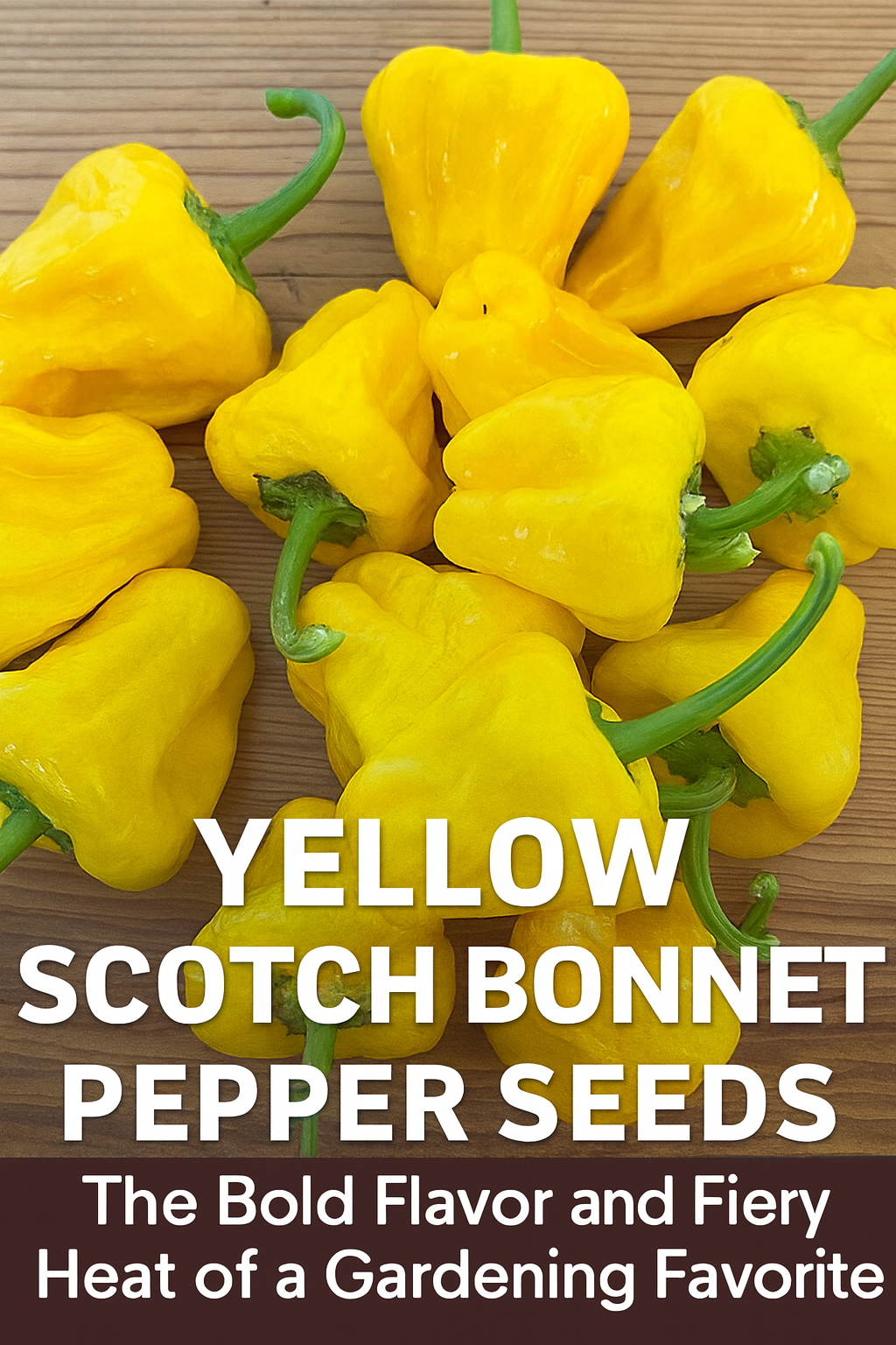 Freshly harvested Yellow Scotch Bonnet peppers with vibrant yellow skins and green stems, perfect for adding fiery Caribbean heat and fruity flavor to homegrown recipes