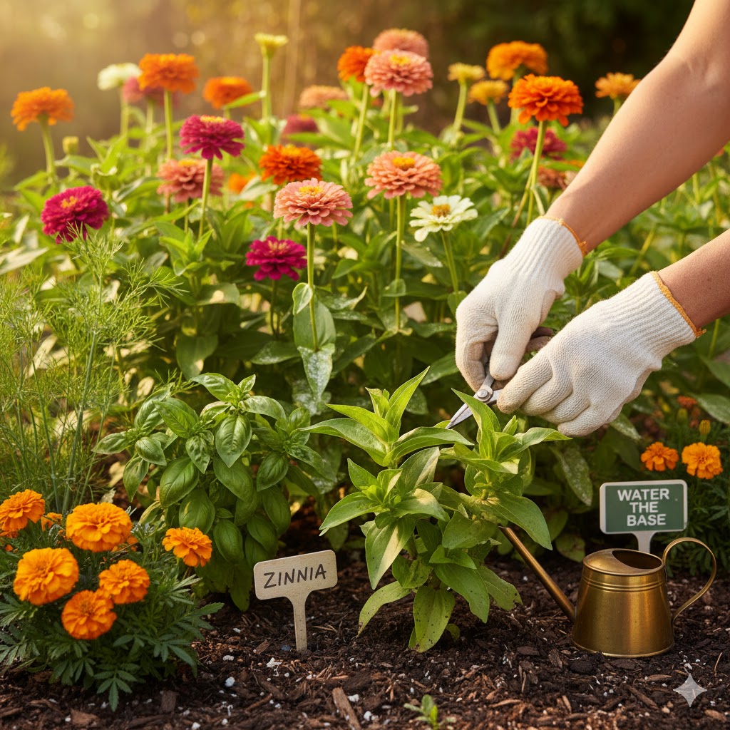 Vibrant zinnia bouquet with seed packs, representing a healthy, well-cared-for flower garden