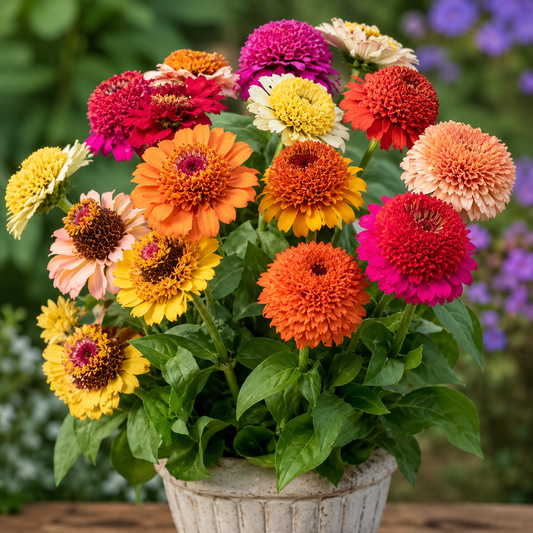 Colorful zinnia blooms perfect for August planting in late summer gardens